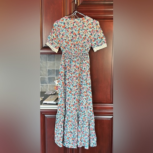 ZARA Boho Blue Red Floral Print V-Neck Lace Midi Dress size extra small - Picture 13 of 13